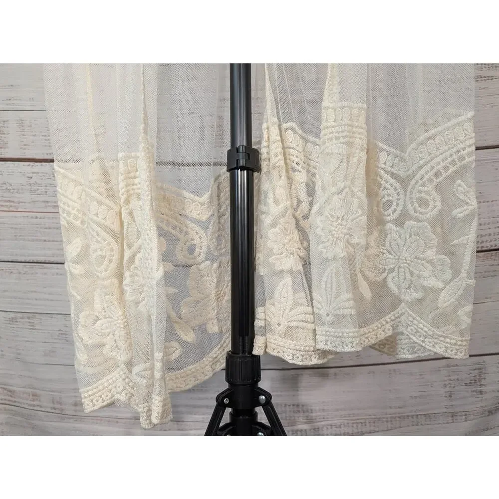 Cream Lace Duster Cardigan L XL Sheer Embroidered Floral Kimono Boho Cottagecore